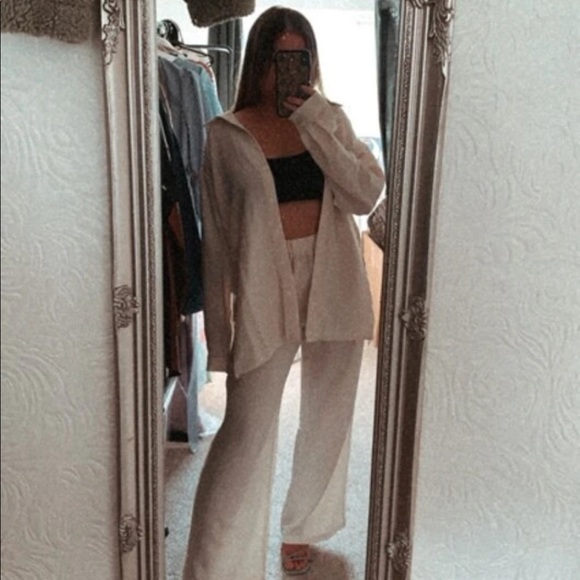 Shirt Pants 2 PC SET wide leg loose button collar spring summer womens cream - Picture 10 of 13